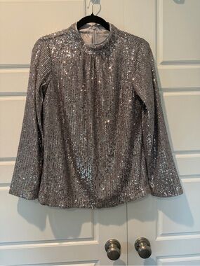 Soft Surroundings Full Silver Sequin Special Occasion Mock Neck Blouse Size XS
